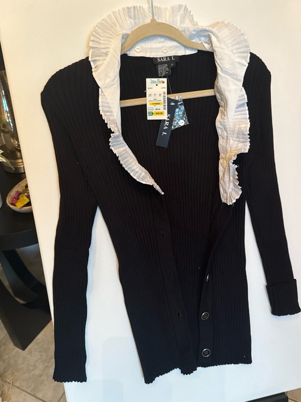 Sara Black Ribbed Cardigan with White Ruffle Trim